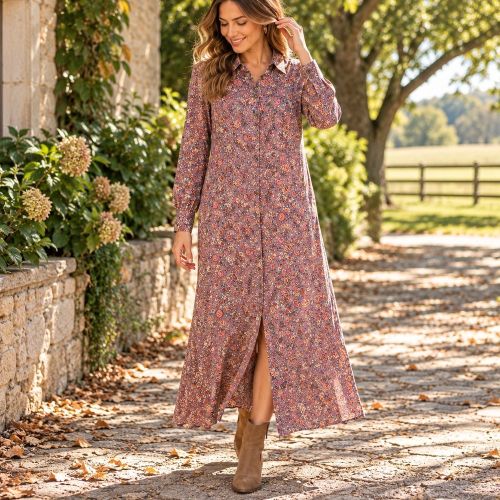 Natural Life Purple Paisley Floral Button Down Maxi Shirt Dress Duster Womens M